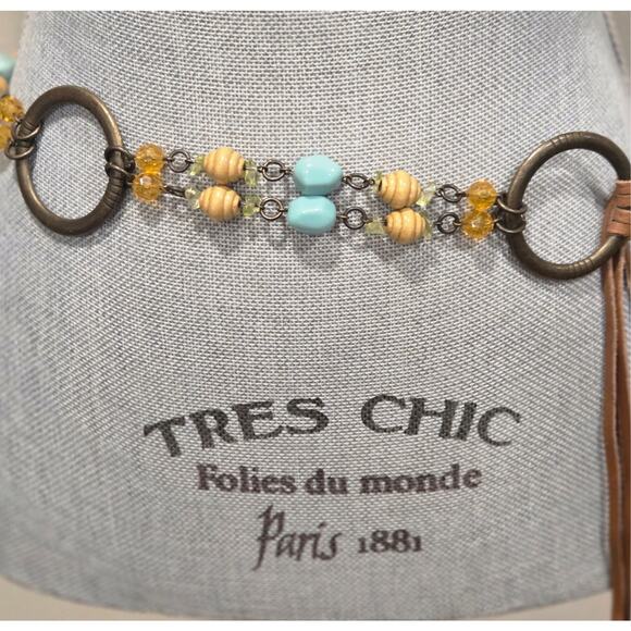 Boho Beaded Chain Belt Leather Fringe Turquoise Wood Beads Antique Gold Western